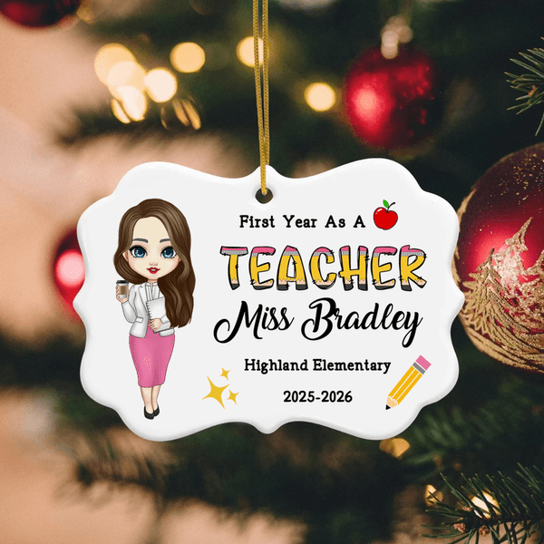 Personalised Cartoon Teacher Character Ceramic Ornament with Surname Text and Year Home Tree Decor Christmas Gift for Teacher