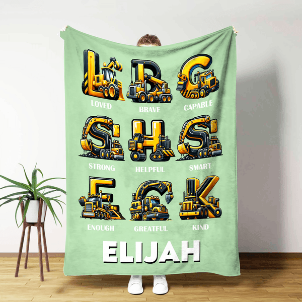 Personalised Construction Lorrys Initial Multicolour Soft Throw Blanket with Name and Text Home Decor Birthday Christmas Gift for Boys Lorry Lovers