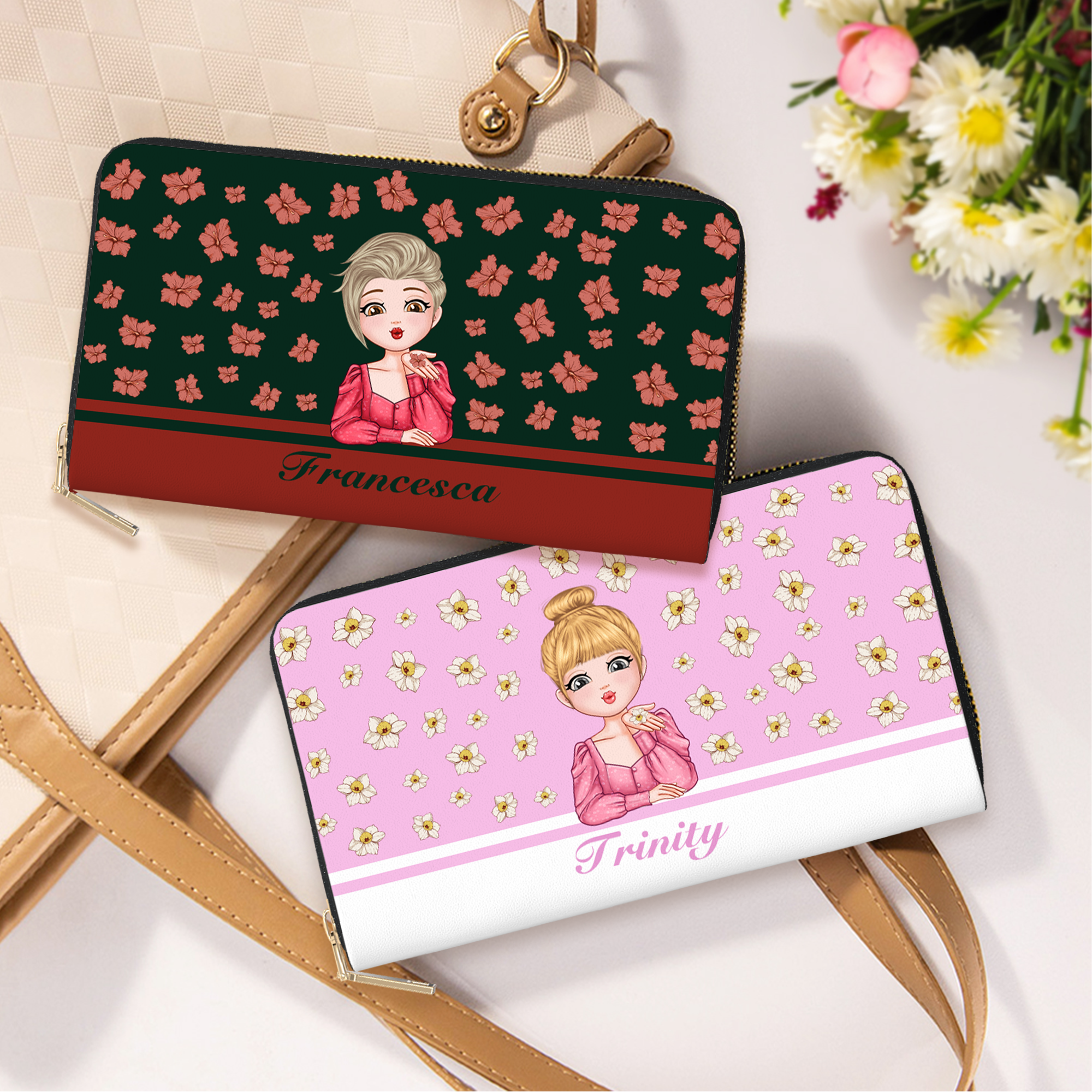Personalisierte Geburt Blume Cartoon Charakter große PU Leder Hand Brieftasche mit Namen mehrere Fächer Geburtstag Brautjungfer Geschenk für Frauen