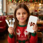 Henkilökohtainen jouluhattu Initial Safe Stainless Steel Kid's Fork Spoon Knife 3 Pcs ruokailuvälinesarja tapauksessa ja nimi joululahja lapsille 3