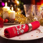 Servilleta personalizada de 100% algodón roja con personaje de dibujos animados inicial y nombre decoración de mesa regalo de Navidad para familia