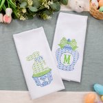 Personalized Chinoiserie Bunny Kitchen Tea Towel with Initial Set of 2 Easter Dishcloth Decor Housewarming Gift for Hostess Family Friend