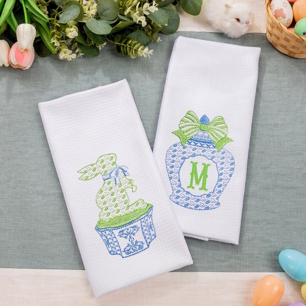 Gepersonaliseerde Chinoiserie Bunny Keukendoek met initiaal Set van 2 Decoratie Vaatdoek Pasen Housewarming Cadeau voor Gastvrouw Familie Vriendin