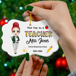 Personalised Cartoon Teacher Character Ceramic Ornament with Surname Text and Year Home Tree Decor Christmas Gift for Teacher