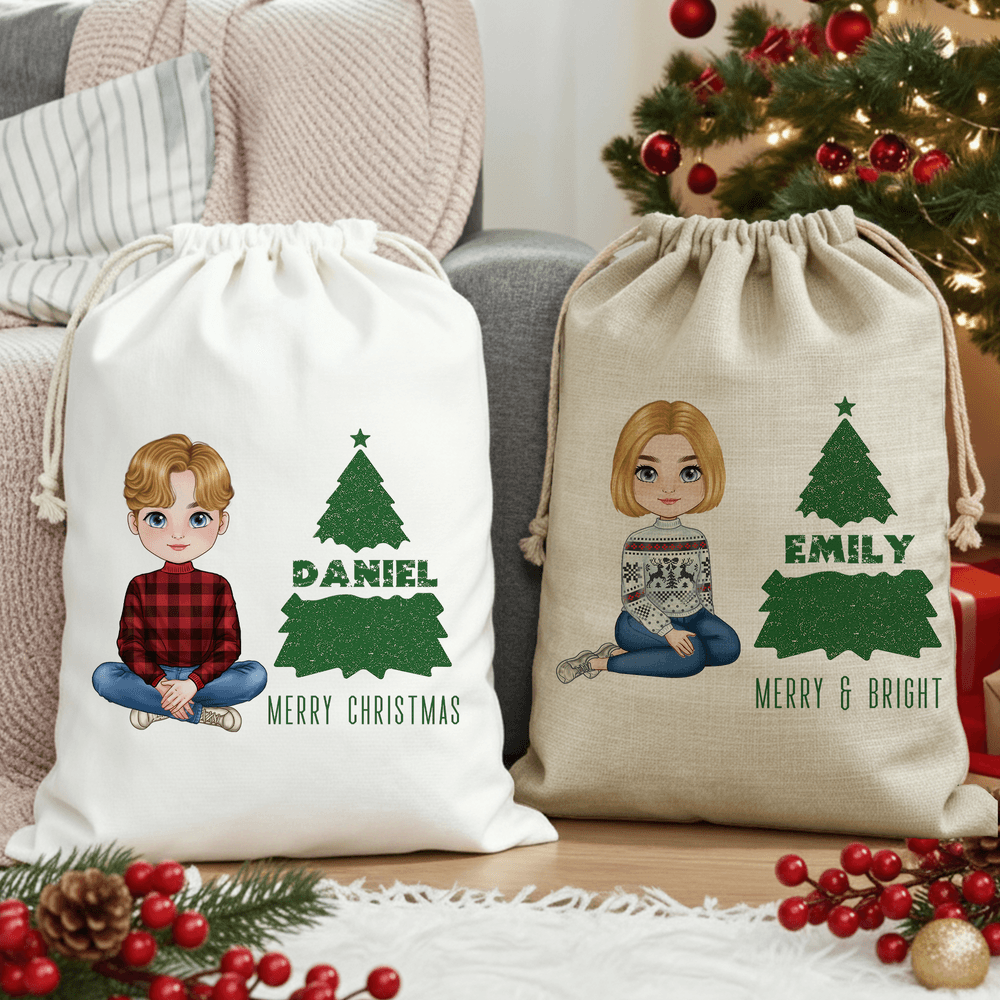 Personalisierter Weihnachts-Geschenksack mit Niedlichem Cartoon-Charakter Weihnachtsbaum Spruche und Namen Weihnachtsgeschenk für Kinder Familie 2