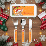 Personalised Cartoon Animal Christmas Tree Santa Hat Food-Grade Kid's Fork Spoon Knife 3 Pcs Cutlery Set with Name Daily Use Christmas Gift for Kids