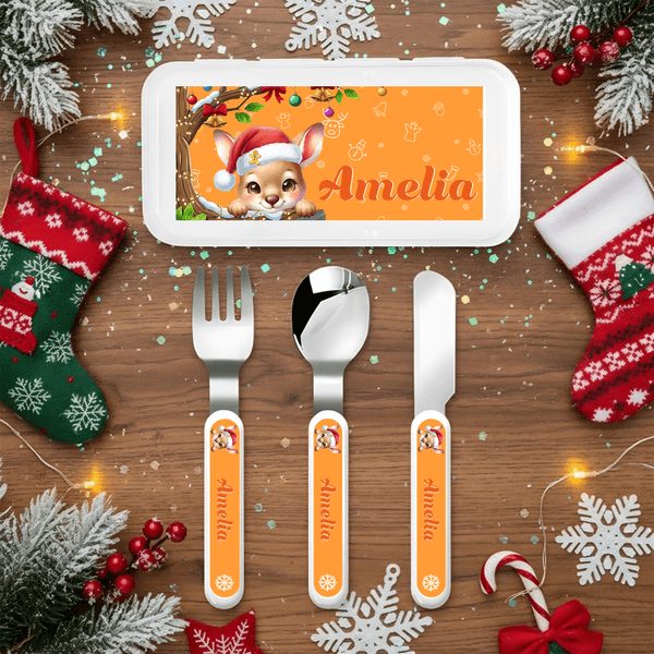 Personalised Cartoon Animal Christmas Tree Santa Hat Food-Grade Kid's Fork Spoon Knife 3 Pcs Cutlery Set with Name Daily Use Christmas Gift for Kids