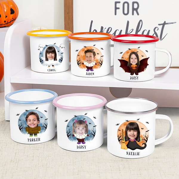 Personalised Face Photo Halloween Costume 12 oz Colourful Rim Enamel Mug with Name Party Daily Use Halloween Holiday Gift for Boys Girls