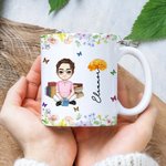 Personalized Cartoon Character Birth Flower 11 oz Ceramic Mug with Name Birthday Christmas Gift for Book Lovers Bookworms