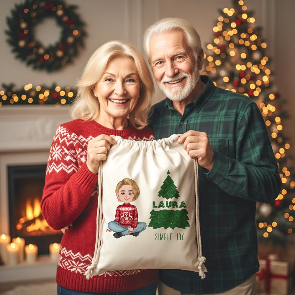 Personalisierter Weihnachts-Geschenksack mit Niedlichem Cartoon-Charakter Weihnachtsbaum Spruche und Namen Weihnachtsgeschenk für Kinder Familie 5