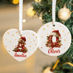 Personalised Santa Hat Heart Round Ceramic Ornament with Name and Initial Tree Decor Christmas Gift for Family Kids