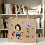 Personalised Cute Cartoon Character Jute Tote Bag with Birth Flower and Name Mother's Day Christmas Birthday Gift for Friends Family