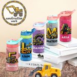 Personalized Construction Truck Initial 12 oz Kid Water Bottle with Name and Silicone Straw Daily Use Birthday Back to School Gift for Kids