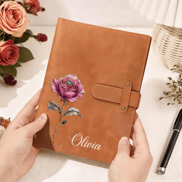 Personalized Birth Flower Name PU Leather A5 Notebook Cover with Storage Pocket Travel Essentials Birthday Gift for Family Friends