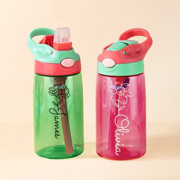 Personalised Multicolour Birth Flower 16 oz Kid Water Bottle with Straw Back To School Outdoor Accessories Gift for Children