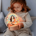 Personalizzato Cartoon Baby Rainbow Flower Acrilico LED Luce notturna con base in legno e nome Camera Decor Compleanno regalo di Natale per i bambini neonati