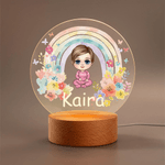 Personalised Cartoon Baby Rainbow Flower Acrylic LED Night Light with Wooden Base and Name Room Decor Birthday Christmas Gift for Kids Babies