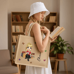 Personalised Cute Cartoon Character Jute Tote Bag with Birth Flower and Name Mother's Day Christmas Birthday Gift for Friends Family