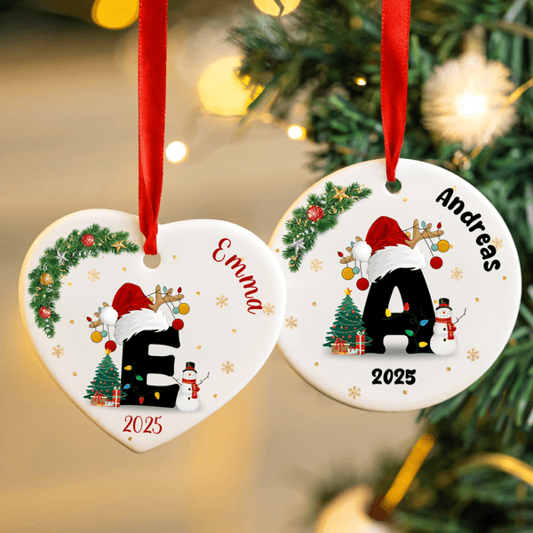 Personalized Santa Hat Initial Snowman Ceramic Ornament with Name and Year Tree Decor Christmas Gift for Family Kids