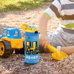Personalized Construction Truck Initial 12 oz Kid Water Bottle with Name and Silicone Straw Daily Use Birthday Back to School Gift for Kids