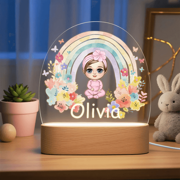 Personalizzato personaggio dei cartoni animati Arcobaleno floreale Luce notturna in acrilico con nome e base in legno Decor camera Natale Compleanno regalo per le ragazze ragazzi