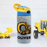 Personalized Construction Truck Initial 12 oz Kid Water Bottle with Name and Silicone Straw Daily Use Birthday Back to School Gift for Kids