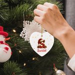 Personalised Santa Hat Heart Round Ceramic Ornament with Name and Initial Tree Decor Christmas Gift for Family Kids