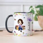Personalized Cartoon Character Birth Flower 11 oz Ceramic Mug with Name Birthday Christmas Gift for Book Lovers Bookworms
