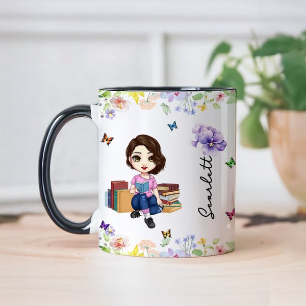 Taza de cerámica personalizada con el nombre del personaje de dibujos animados Flor de nacimiento 11 oz Cumpleaños Regalo de Navidad para los amantes de los libros Ratones de biblioteca