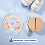 Personalizzato Cartoon Baby Rainbow Flower Acrilico LED Luce notturna con base in legno e nome Camera Decor Compleanno regalo di Natale per i bambini neonati