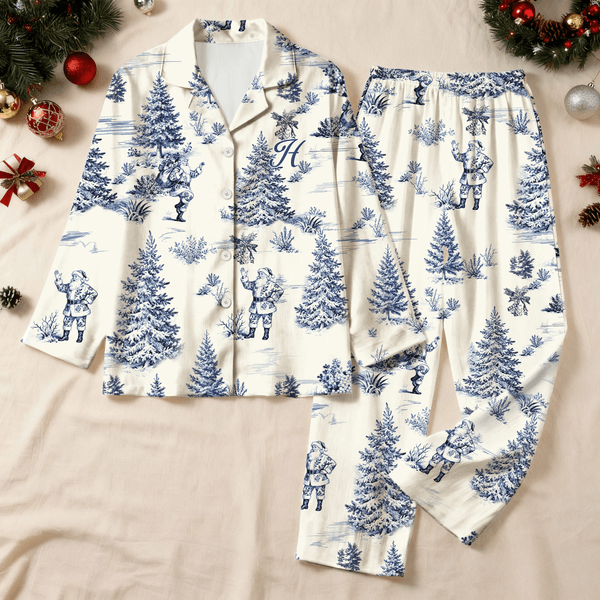 Personalized Toile De Jouy Santa Claus Reindeer Nutcracker Ladies Pajamas Set with Initial Daily Use Christmas Birthday Gift for Women
