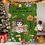 Personalised Cartoon Reading Character Birth Flower Soft Throw Blanket with Name and Title Home Decor Birthday Gift for Family Bookworms