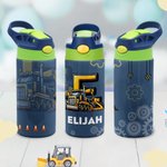 Personalized Construction Truck Initial 12 oz Kid Water Bottle with Name and Silicone Straw Daily Use Birthday Back to School Gift for Kids