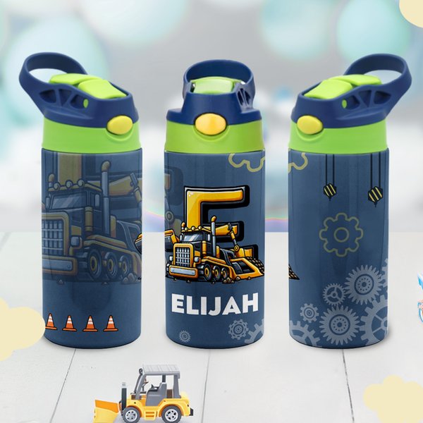 Personalized Construction Truck Initial 12 oz Kid Water Bottle with Name and Silicone Straw Daily Use Birthday Back to School Gift for Kids