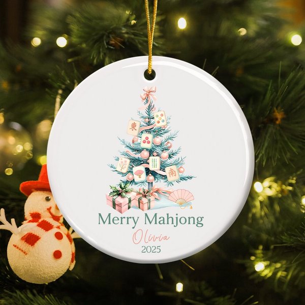 Personalized Mahjong Christmas Tree Chinoiserie Design Ceramic Ornament with Name and Year Tree Decor Christmas Mahjong Night Gift for Mahjong Players