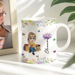 Personalized Cartoon Character Birth Flower 11 oz Ceramic Mug with Name Birthday Christmas Gift for Book Lovers Bookworms