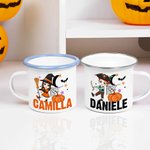 Tazza smaltata  da 355 ml personalizzabile con nome e personaggio animato a tema Halloween regalo di festa per bambini e ragazzi