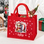 Personalized Cute Cartoon Christmas Reindeer Initial Red Jute Tote Bag with Name Daily Use Christmas Gift for Kids Family