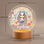 Personalizzato Cartoon Baby Rainbow Flower Acrilico LED Luce notturna con base in legno e nome Camera Decor Compleanno regalo di Natale per i bambini neonati