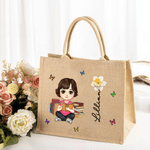 Personalised Cute Cartoon Character Jute Tote Bag with Birth Flower and Name Mother's Day Christmas Birthday Gift for Friends Family