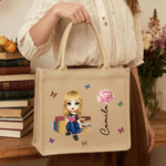 Personalised Cute Cartoon Character Jute Tote Bag with Birth Flower and Name Mother's Day Christmas Birthday Gift for Friends Family