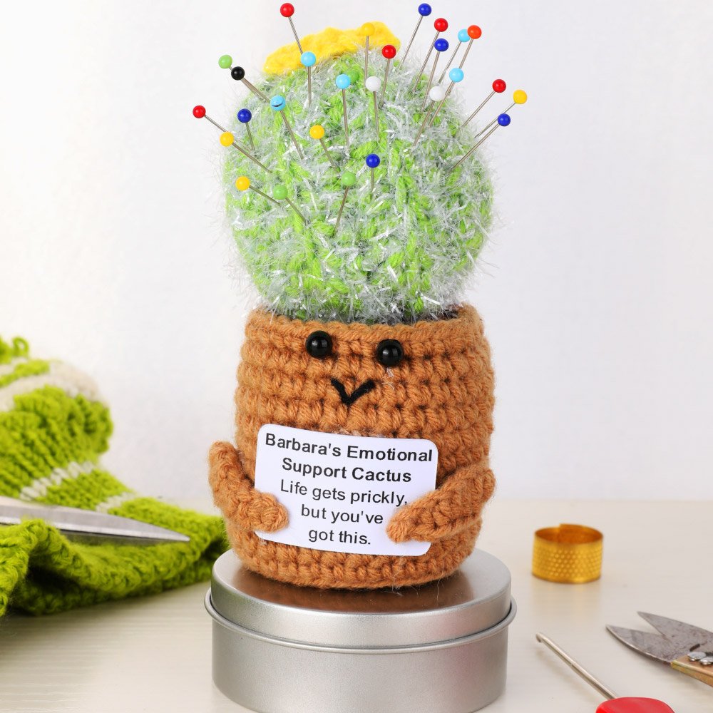Personalized Crochet Emotional Support Cactus Name Pin Cushion with Magnetic Storage Box Sewing Supplies Gift for Quilting Sewing Enthusiasts 4