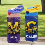Personalized Construction Truck Initial 12 oz Kid Water Bottle with Name and Silicone Straw Daily Use Birthday Back to School Gift for Kids