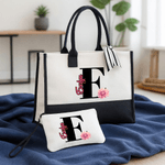 Bolso tote grande y neceser de maquillaje portátil personalizados con flor de nacimiento nombre e inicial regalo de cumpleaños para mujer