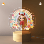 Personalizzato Cartoon Baby Rainbow Flower Acrilico LED Luce notturna con base in legno e nome Camera Decor Compleanno regalo di Natale per i bambini neonati