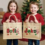 Personlig återanvändbar juteväska med julkonst och handskrivna namn perfekt julklapp för barn och familj