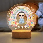 Personalizzato Cartoon Baby Rainbow Flower Acrilico LED Luce notturna con base in legno e nome Camera Decor Compleanno regalo di Natale per i bambini neonati