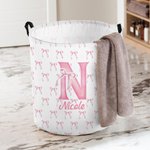 Personalized Large Waterproof Pink Coquette Bow Initial Name Laundry Basket with Handle Home Nursery Decor Birthday Gift for Baby Girl