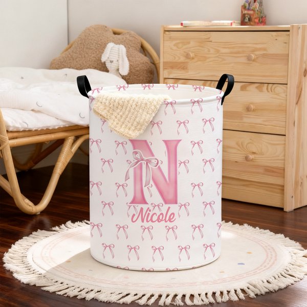 Personalised Large Waterproof Pink Coquette Bow Initial Name Laundry Basket with Handle Home Nursery Decor Birthday Gift for Baby Girl