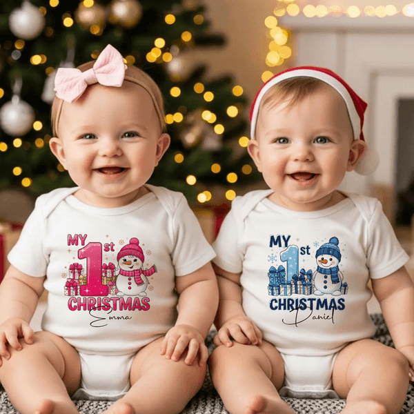 Personalised 1st Christmas Snowman 100% Cotton Baby Bodysuit with Name Christmas Gift for Baby New Parents